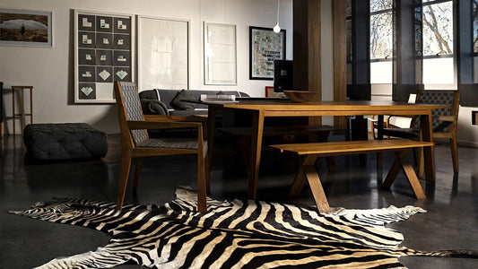modern living room featuring a zebra hide rug in the middle