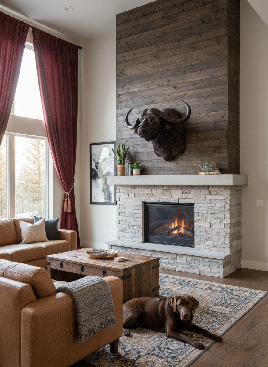 african taxidermy mount in farmhouse style living room featuring cape buffalo mount. 