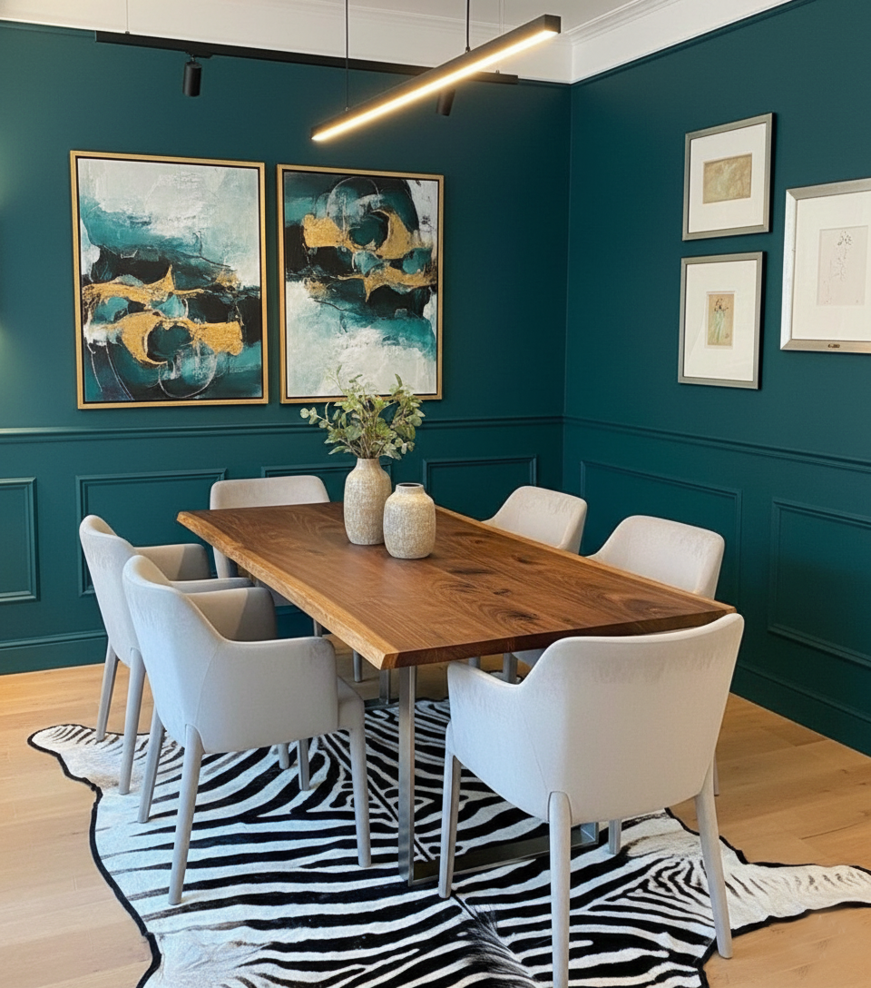 Dining room with a zebra hide, wooden table and white chairs against a teal wall with abstract art.