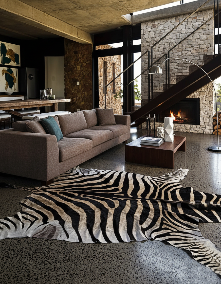 Modern living room with a zebra skin rug, gray sofa, and stone fireplace.